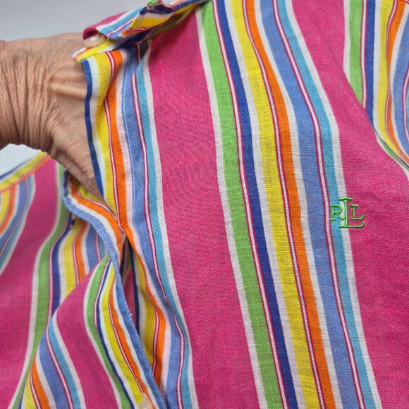 Ralph Lauren Linen Short Sleeve Top Blouse Striped Colourful Women's Size Medium - Picture 6 of 12